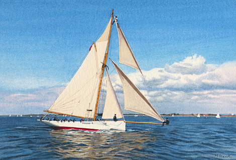A painting of a gaff rigged cutter siling on the Solent by Margaret Heath.